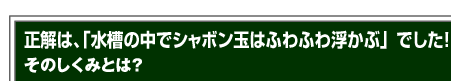 正解は、「水槽の中でシャボン玉はふわふわ浮かぶ」でした！そのしくみとは？